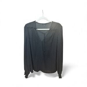 XL Polka Dot Blouse Black Pink Dot Long Sleeve V-Neck Workwear Business Top